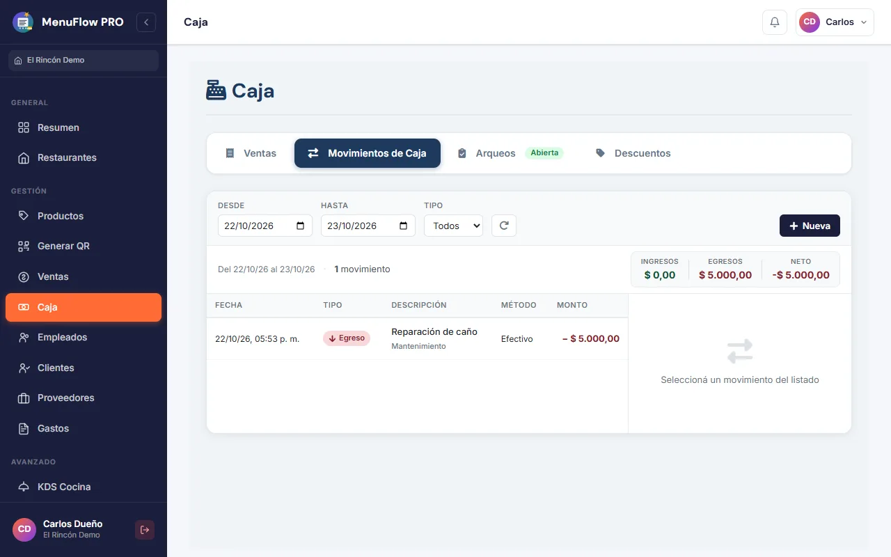Movimientos de caja con ingresos, egresos y botón Nueva