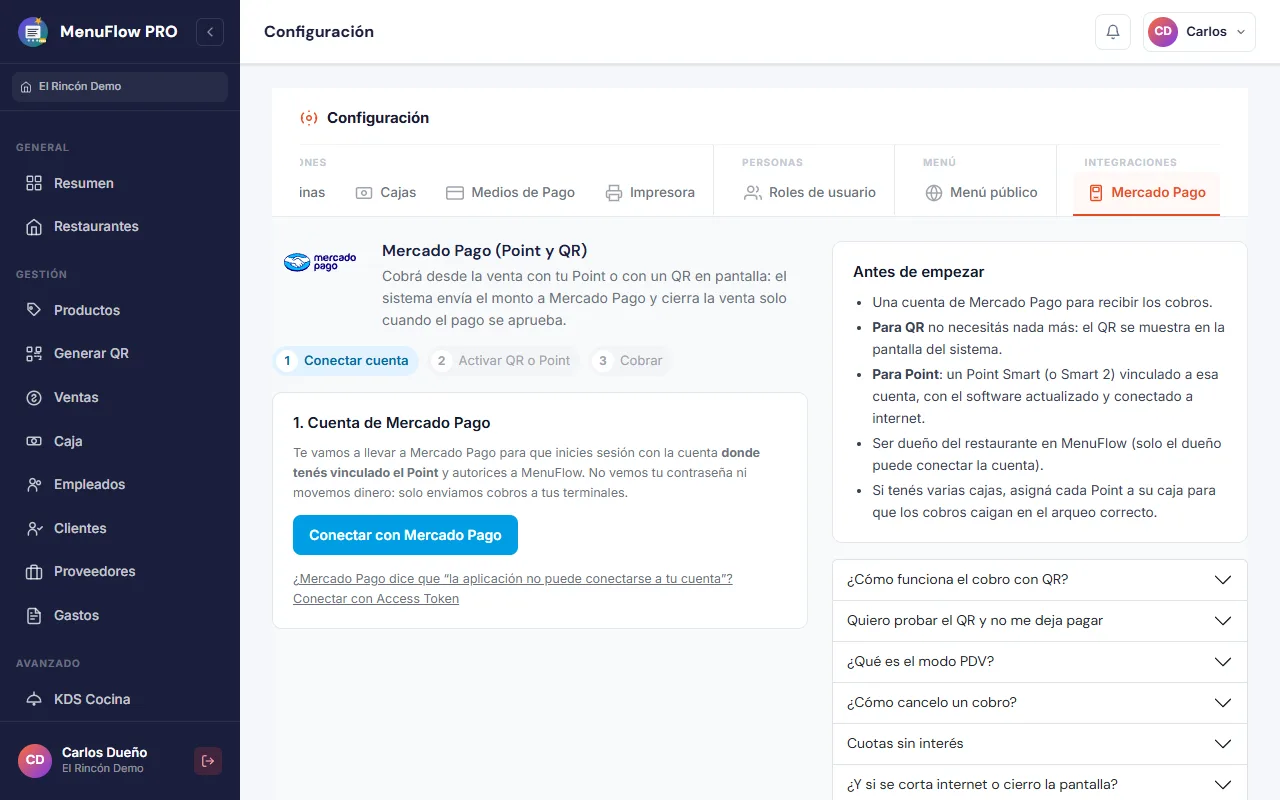 Configuración de Mercado Pago con el botón Conectar con Mercado Pago