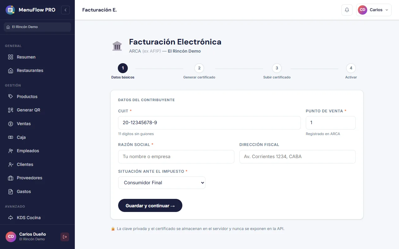 Asistente de facturación electrónica ARCA: CUIT, punto de venta, razón social y situación ante el impuesto