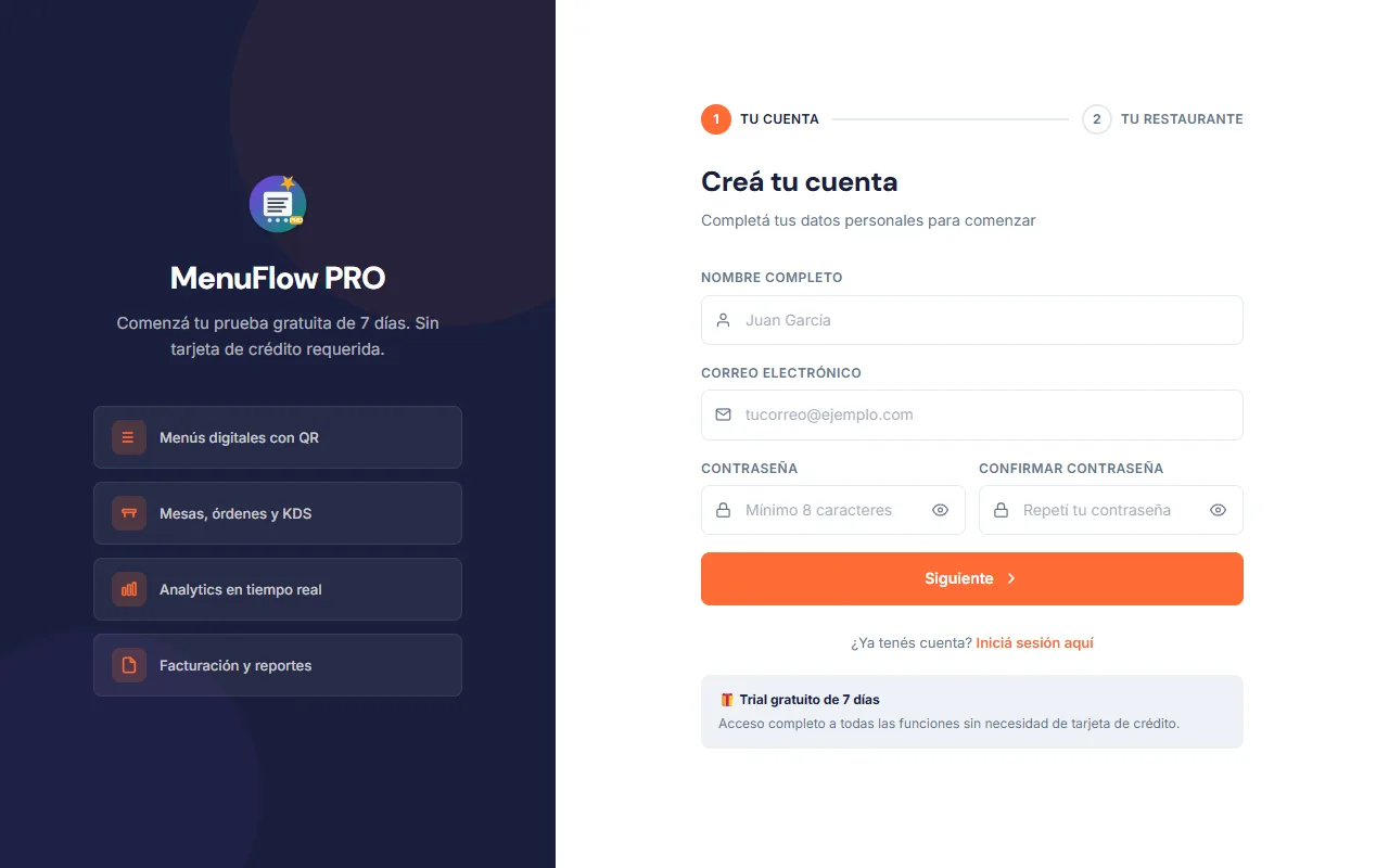 Formulario de registro de MenuFlow Pro: nombre completo, correo electrónico y contraseña