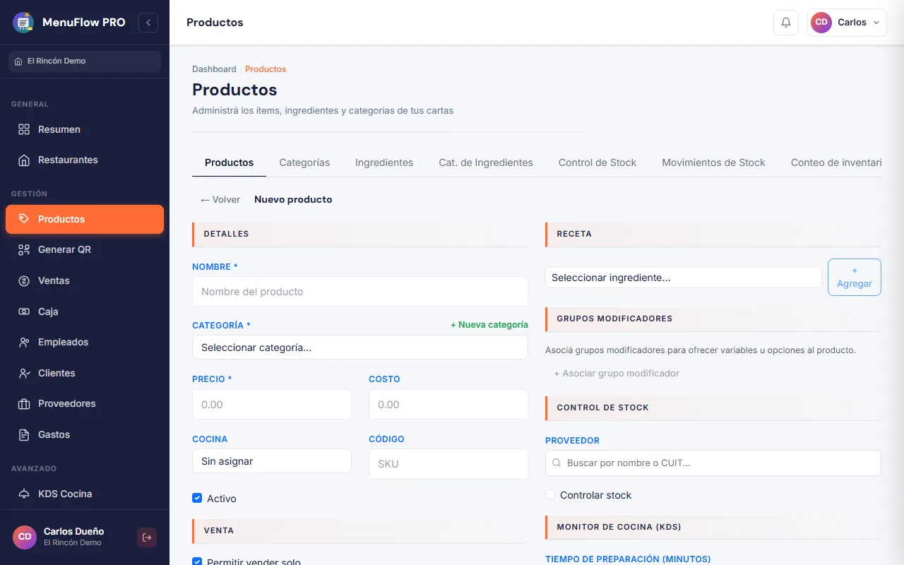 Formulario de nuevo producto con nombre, categoría, precio, costo, cocina y receta